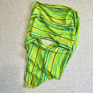 Cupcake International Striped Scarf Pom Pom Trim Green Blue Boho Y2K Artsy 70"